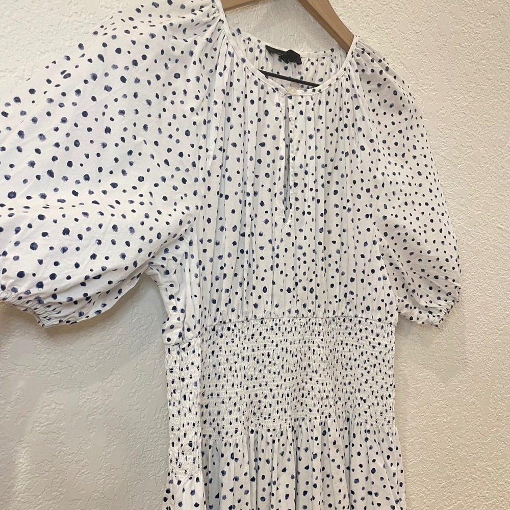 NEW J.Crew Polka Dot Smocked Waist Puff Sleeve Cotton Midi Dress White Navy M - Picture 3 of 9